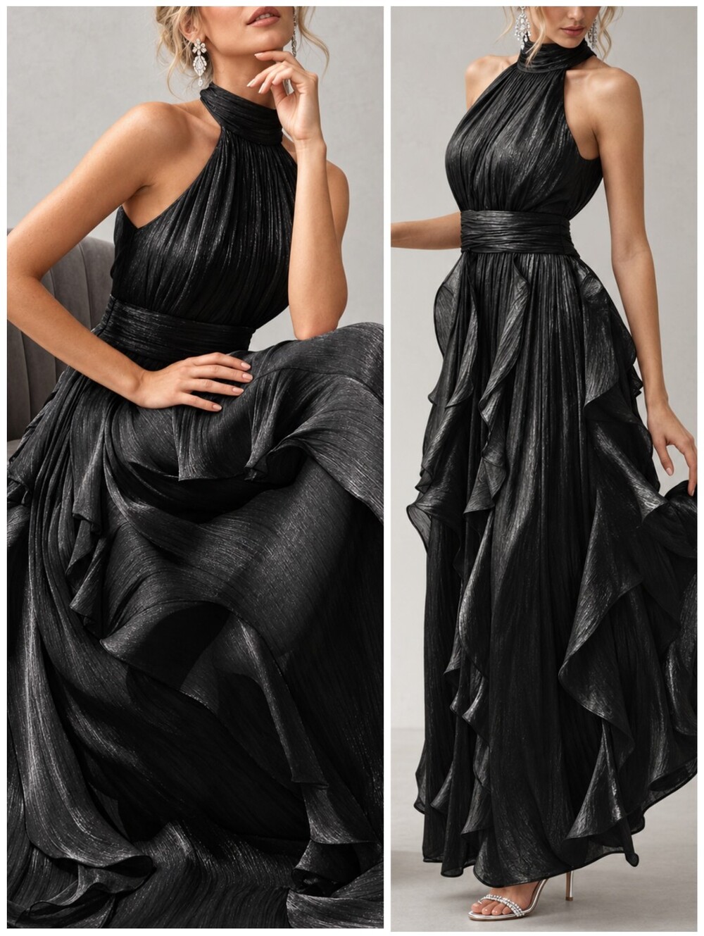 New Luxe Metallic Black Halter Maxi Dress Waterfall Ruffle Sleeveless